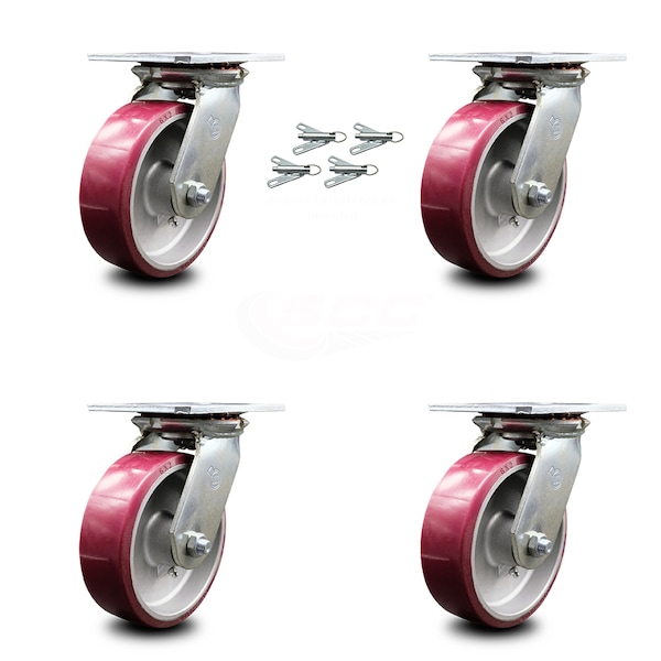 6 Inch Poly on Aluminum Caster Set with Roller Bearings and Swivel Locks SCC